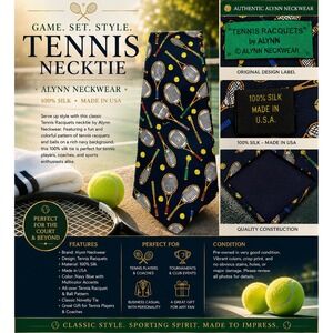 Alynn Neckwear "Tennis Racquets" Men's 100% Silk Tie Navy Blue Made in USA